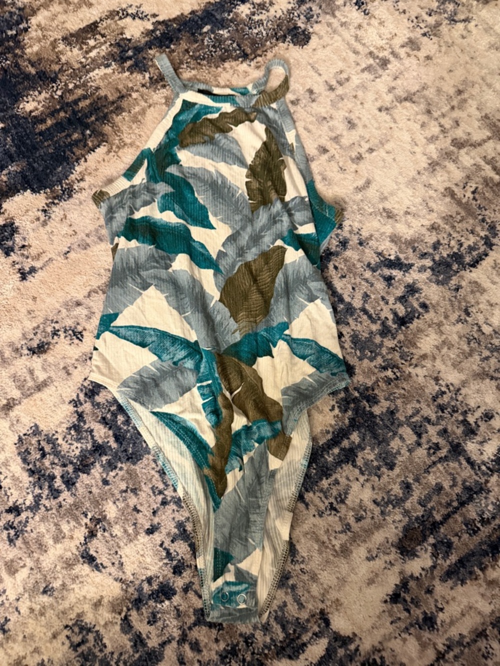 Forever 21 White, Teal & Olive Leaf-Print Ribbed Bodysuit